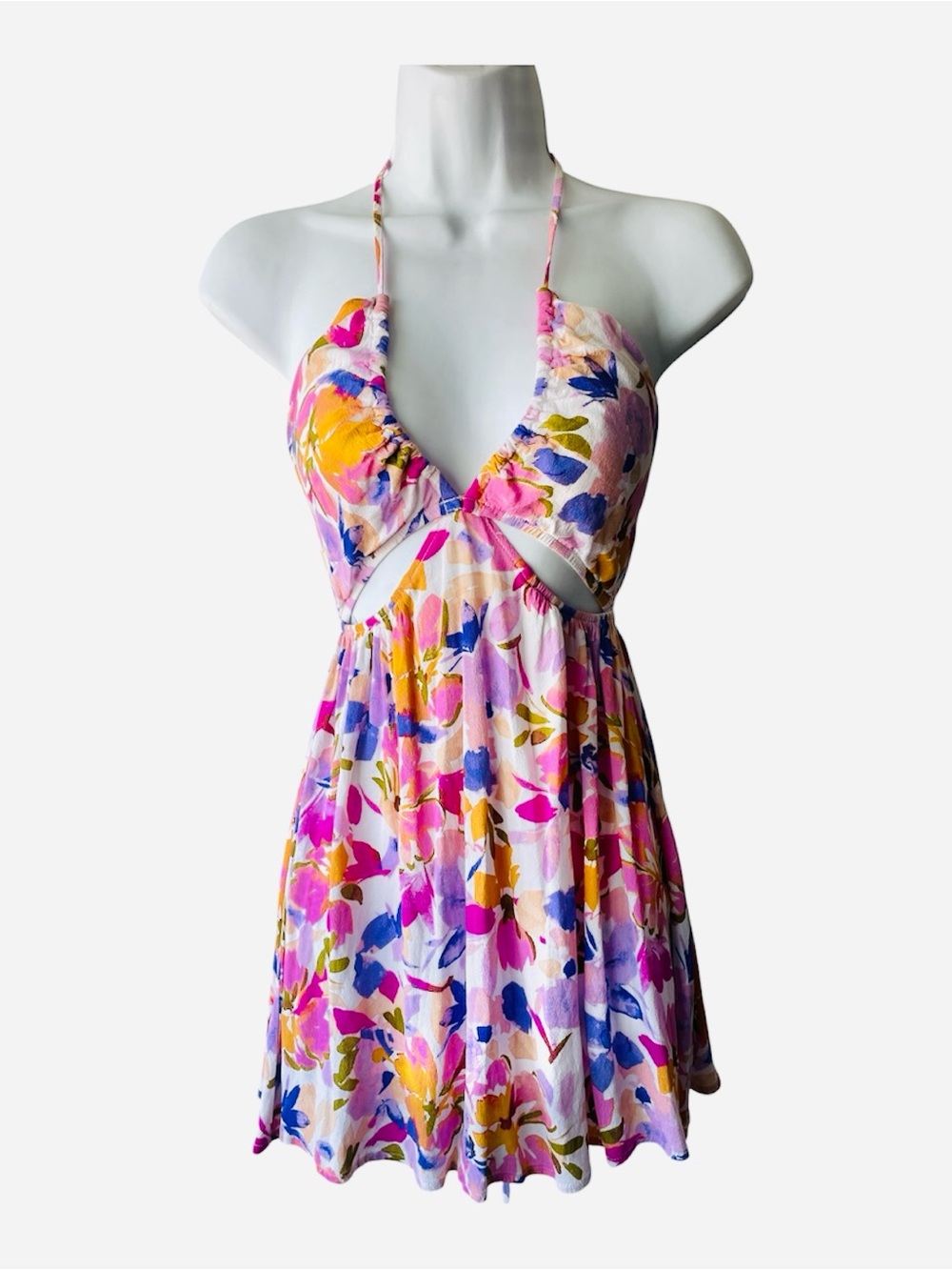 Sky to moon Floral Halter Cutout Mini Dress in Pink Multicolor